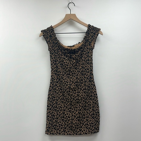 Majorelle Velvet Leopard Ruched Cap Sleeve Bodycon Mini Dress Animal Print Small - Picture 2 of 9